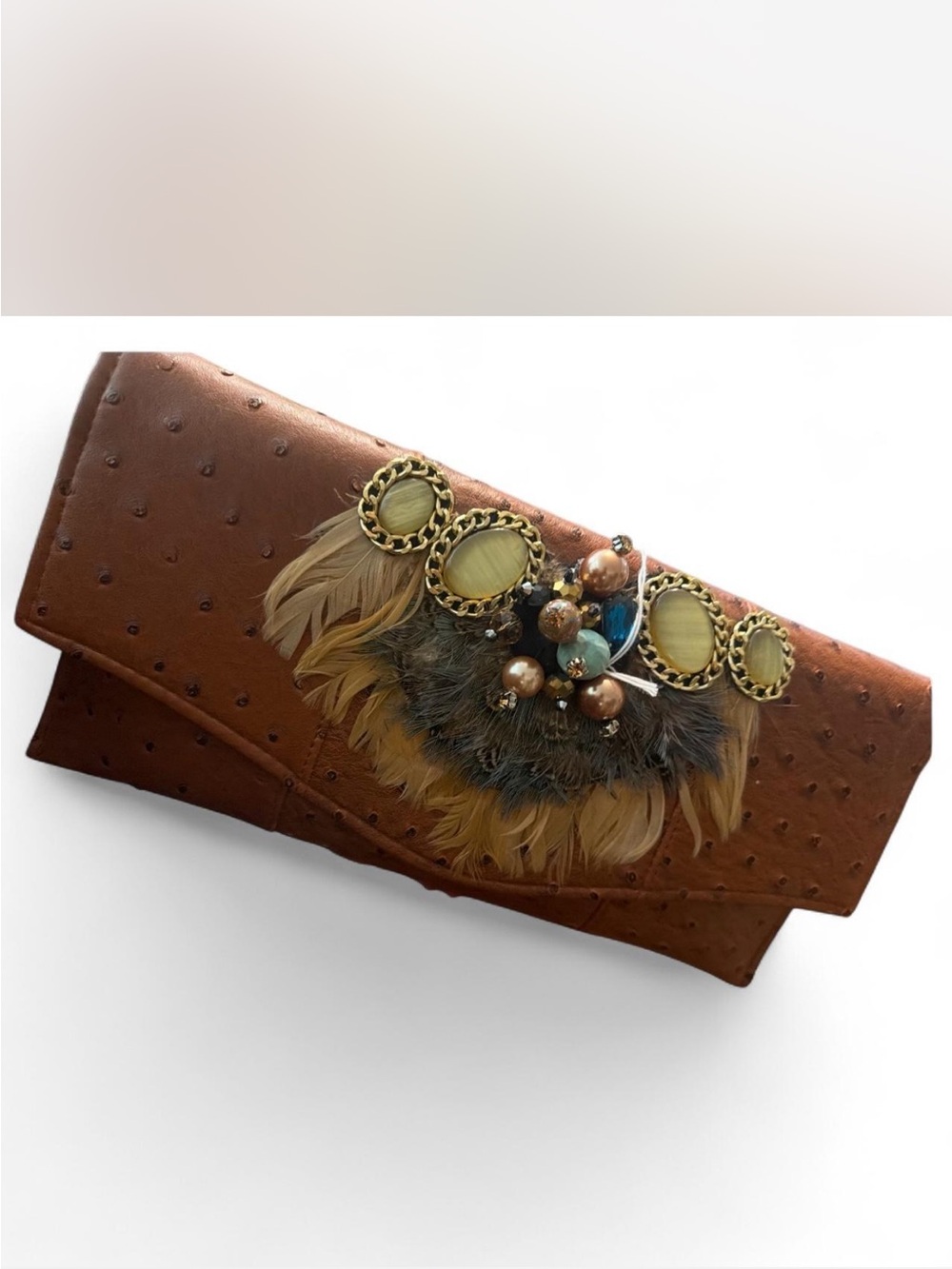 Vintage Iris Lane  Boho Feather Embellished Brown Clutch with Turquoise Accents